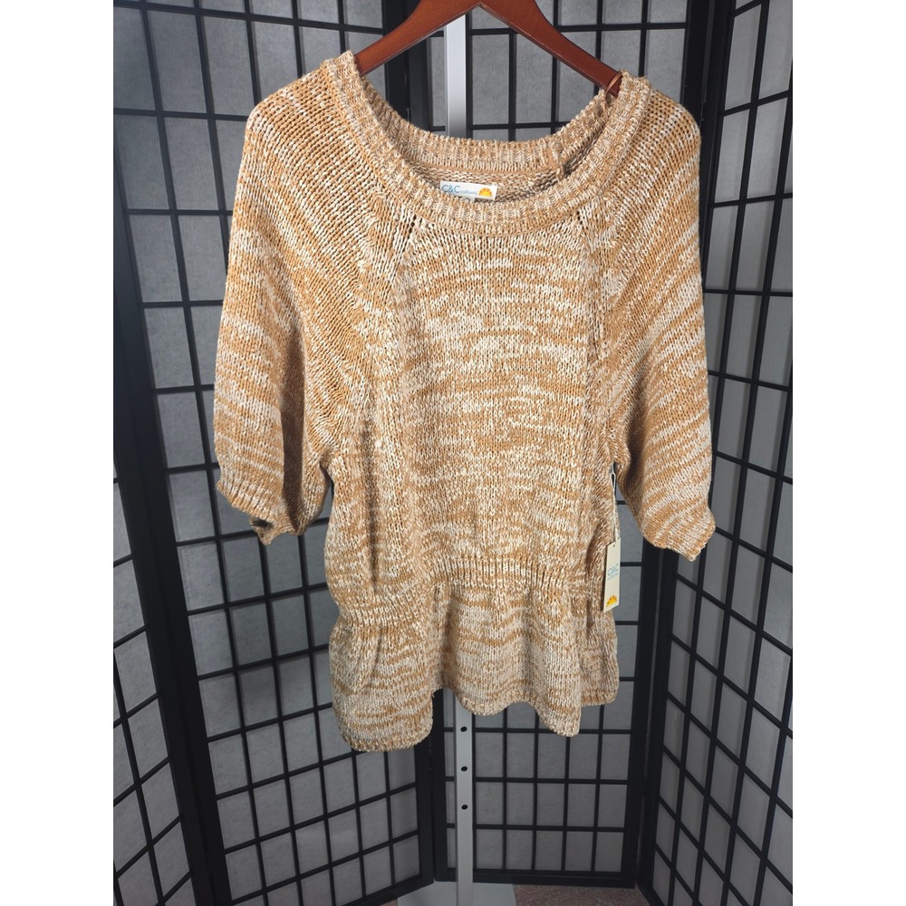 C&C California Womens 1X Tan Cottagecore Knit Short Sleeve Peplum Sweater